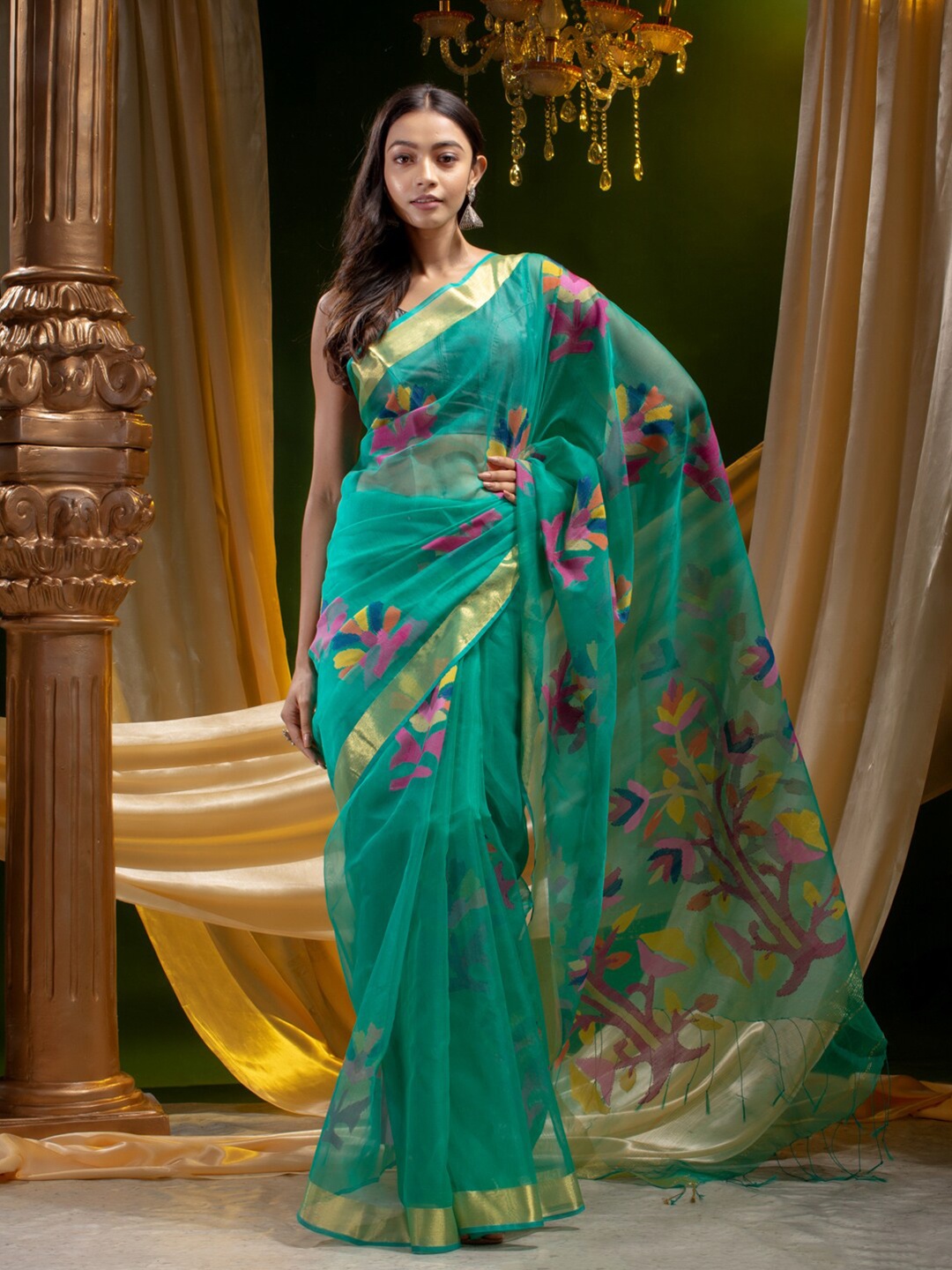 Mitera Sea Green & Pink Floral Zari Pure Silk Heavy Work Saree
