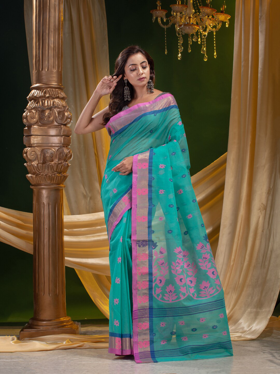 

Mitera Sea Green & Pink Woven Design Zari Pure Cotton Saree