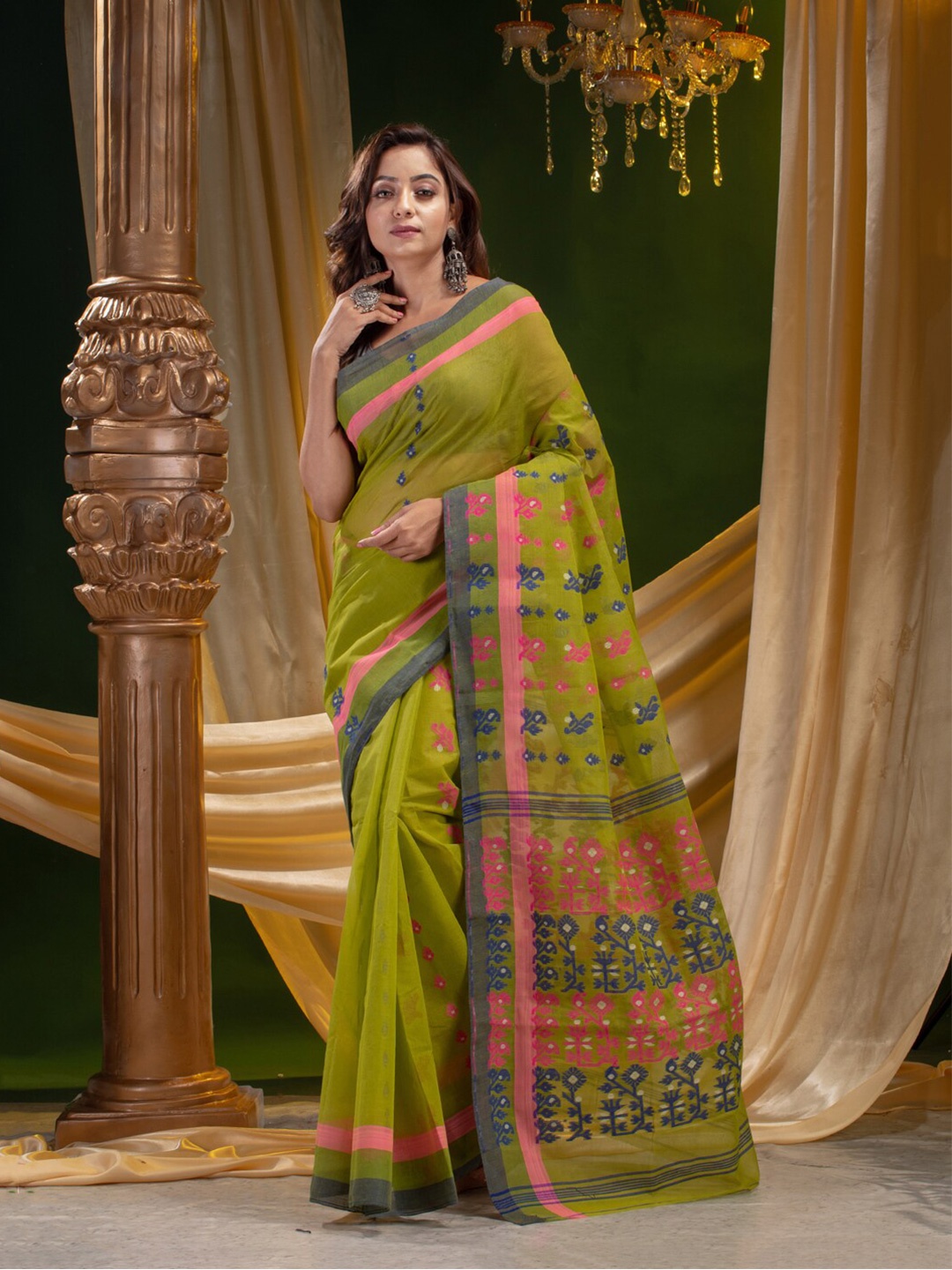 

Mitera Green & Pink Floral Pure Cotton Saree