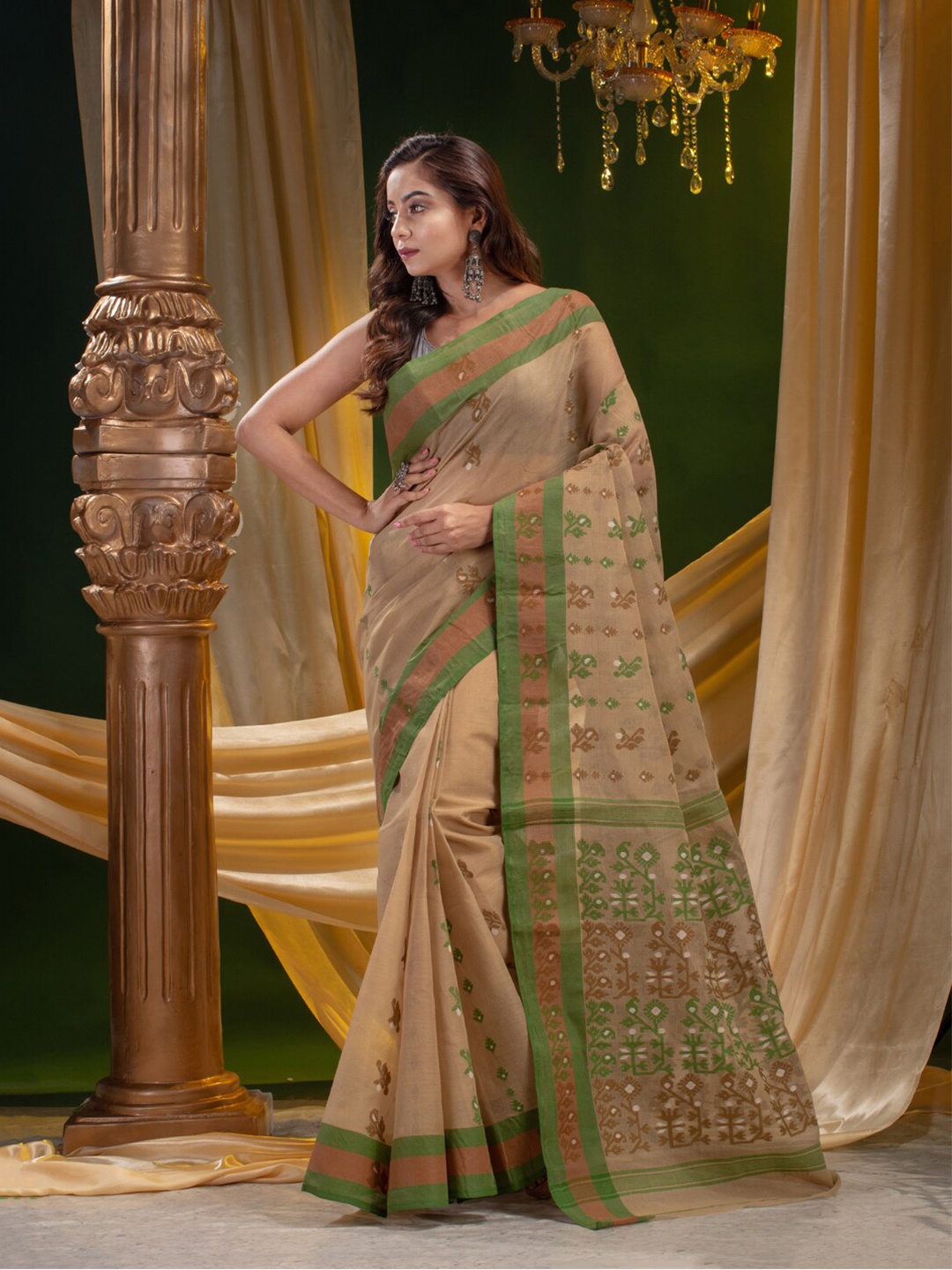 

Mitera Beige & Green Ethnic Motifs Pure Cotton Saree