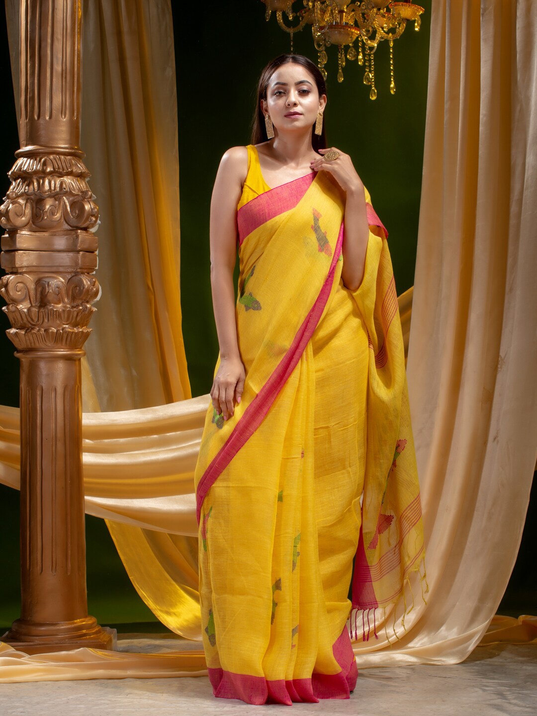 

Mitera Yellow & Pink Ethnic Motifs Pure Linen Saree