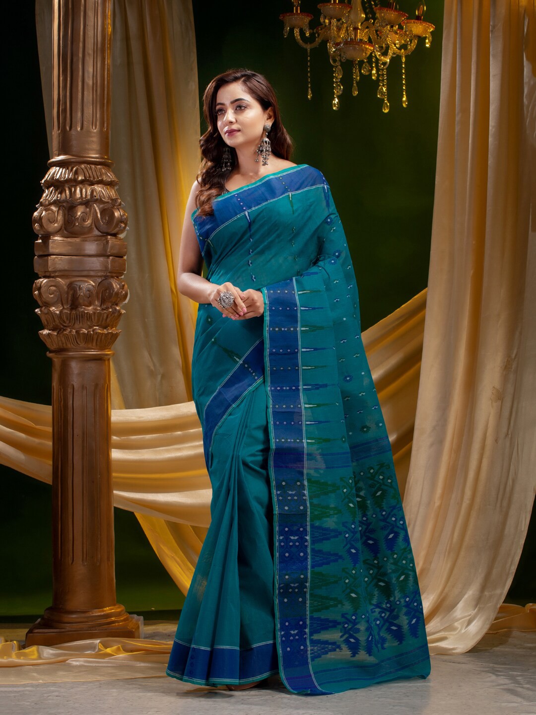 

Mitera Turquoise Blue & Navy Blue Woven Design Pure Cotton Heavy Work Saree