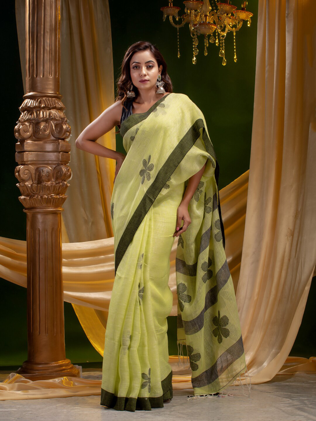 

Mitera Lime Green & Grey Floral Pure Linen Saree
