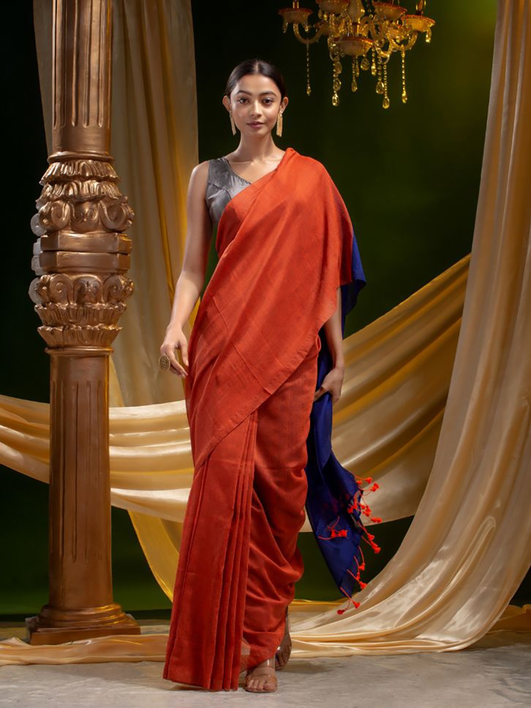 

Mitera Orange & Blue Woven Design Pure Cotton Saree