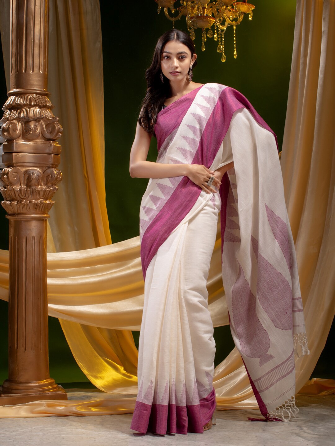 

Mitera White & Pink Ethnic Motifs Zari Pure Linen Temple Border Saree