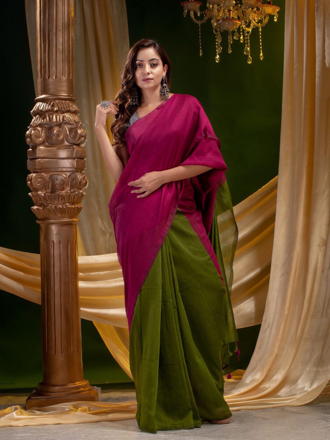 

Mitera Pink & Green Pure Cotton Saree