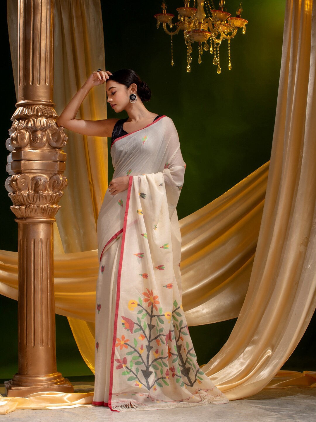 

Mitera Off White & Orange Woven Design Pure Cotton Heavy Work Saree