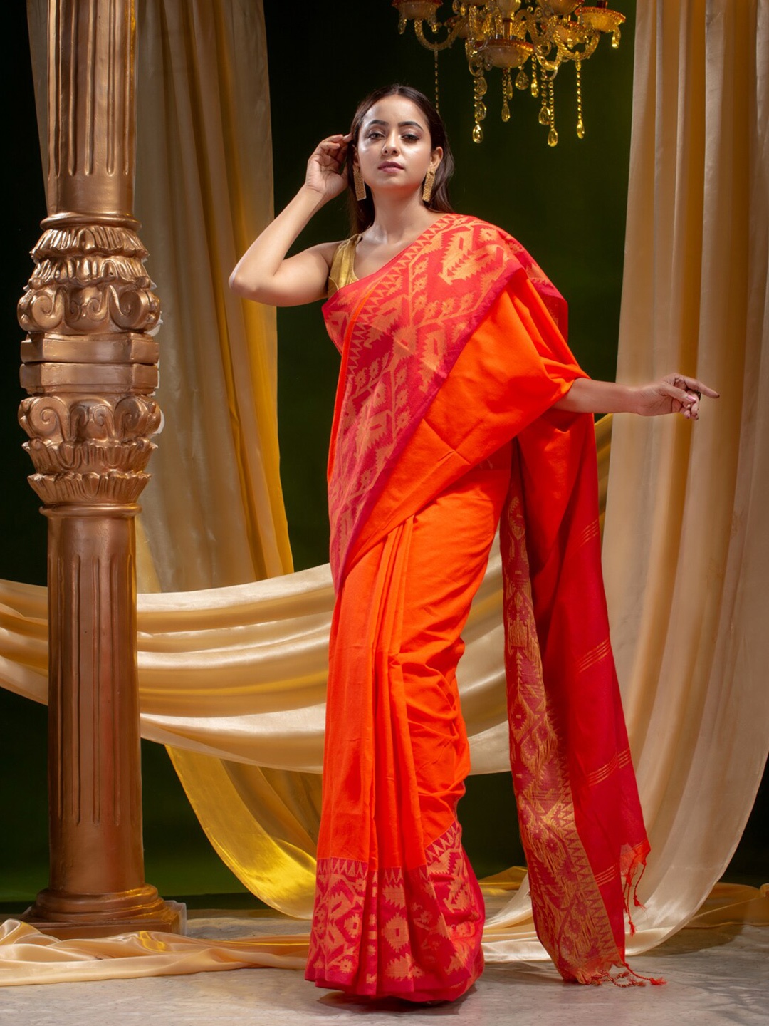 

Mitera Orange & Pink Pure Cotton Saree
