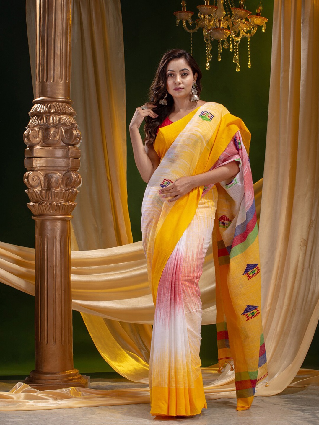 

Mitera White & Yellow Ethnic Motifs Silk Cotton Saree