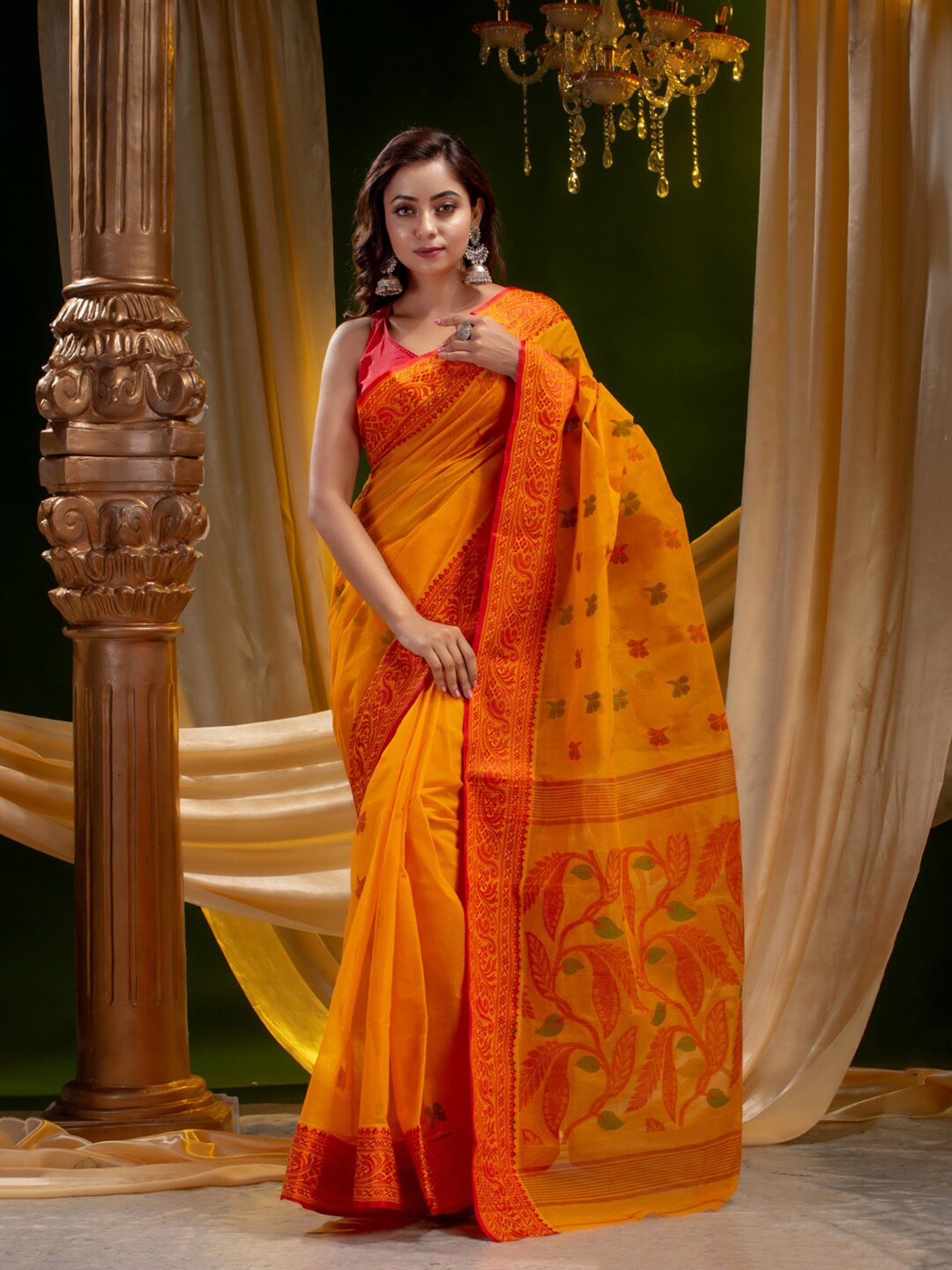 

Mitera Yellow & Red Floral Pure Cotton Heavy Work Saree