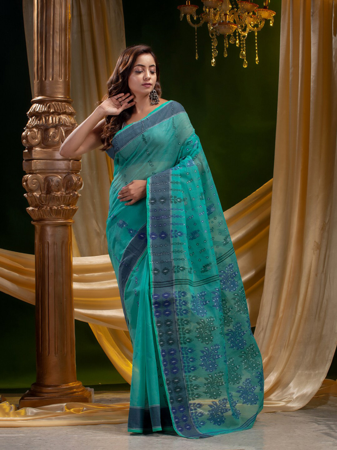 

Mitera Sea Green & Grey Woven Design Pure Cotton Saree