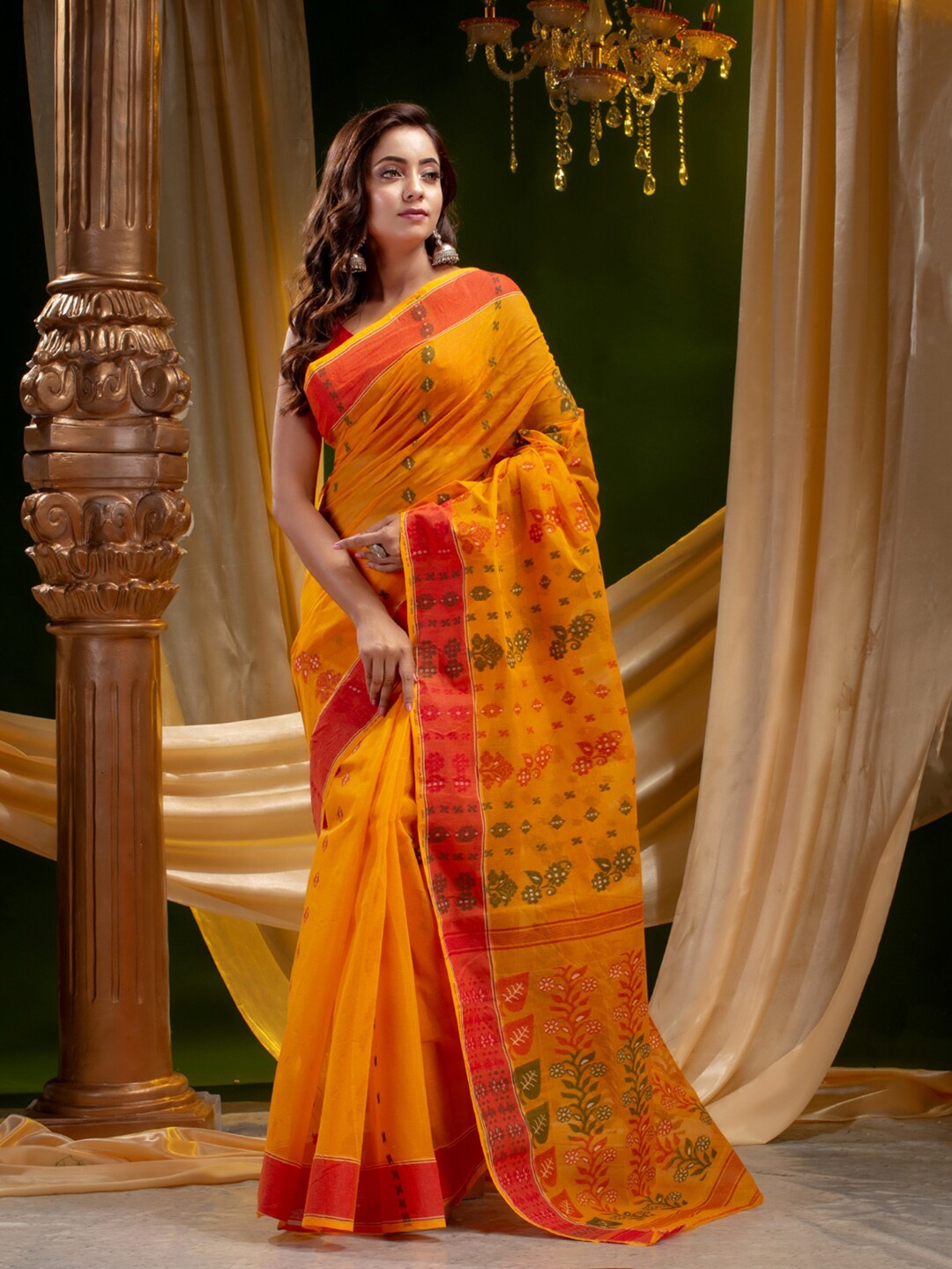

Mitera Orange & Red Ethnic Motifs Pure Cotton Saree