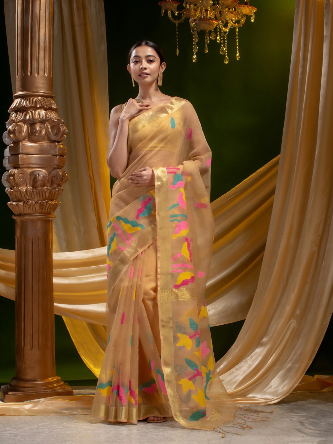 

Mitera Beige & Blue Floral Zari Pure Silk Bridal Saree