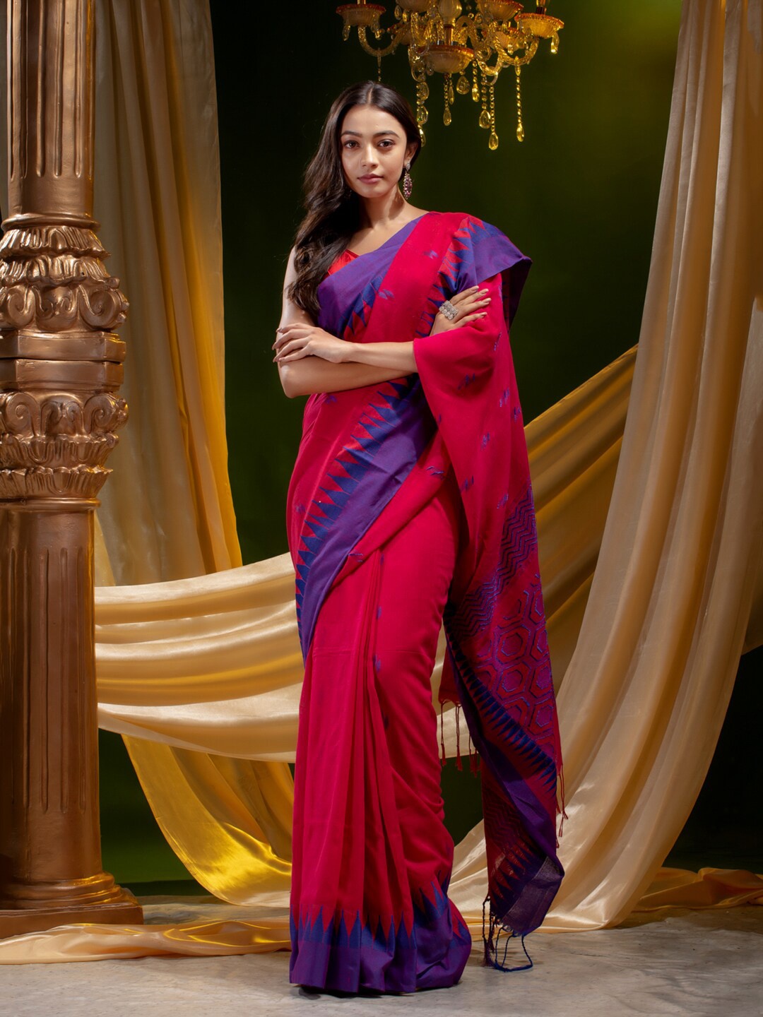 

Mitera Pink & Blue Paisley Pure Cotton Heavy Work Saree