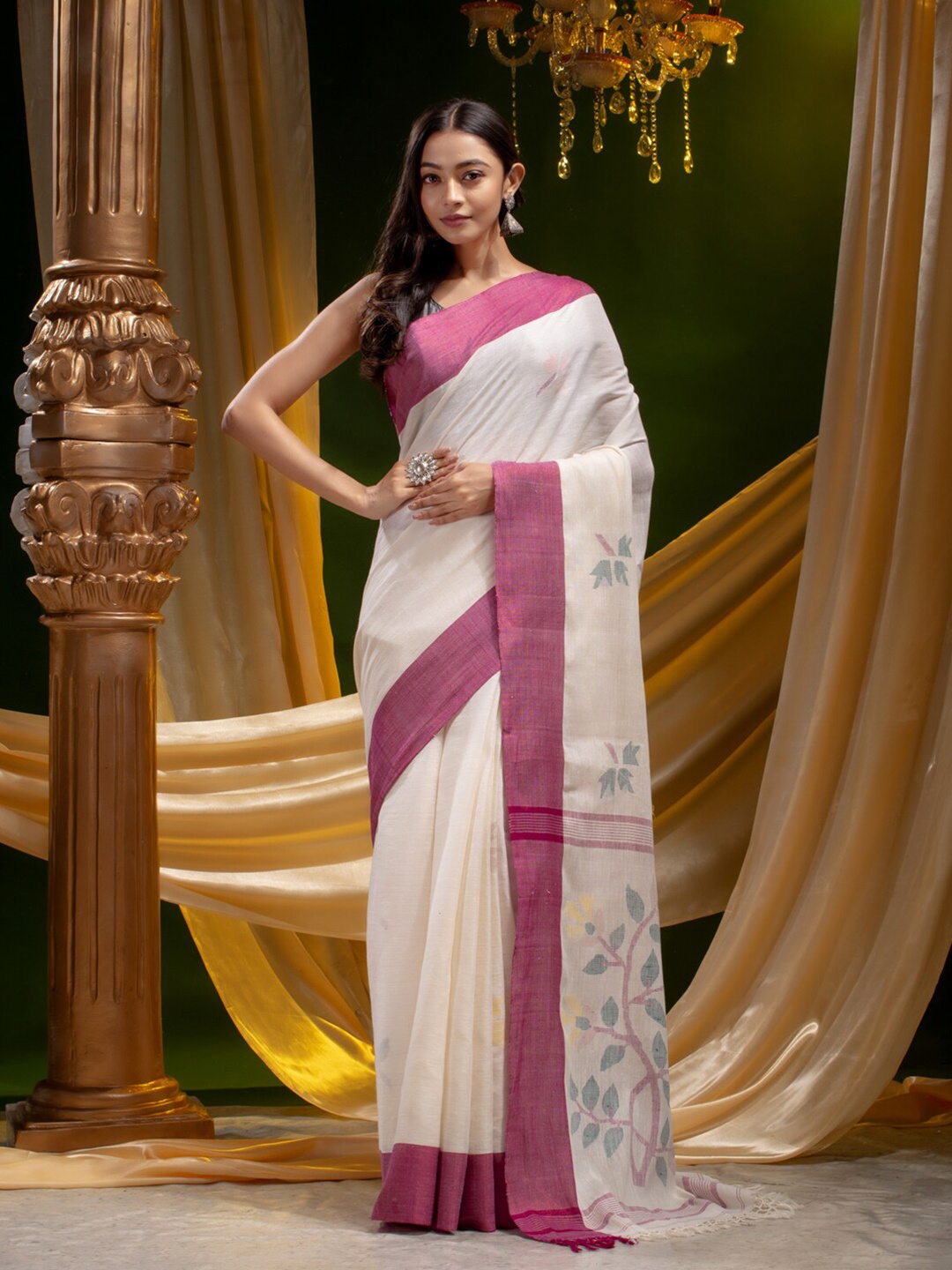 

Mitera Off White & Purple Woven Design Pure Linen Saree