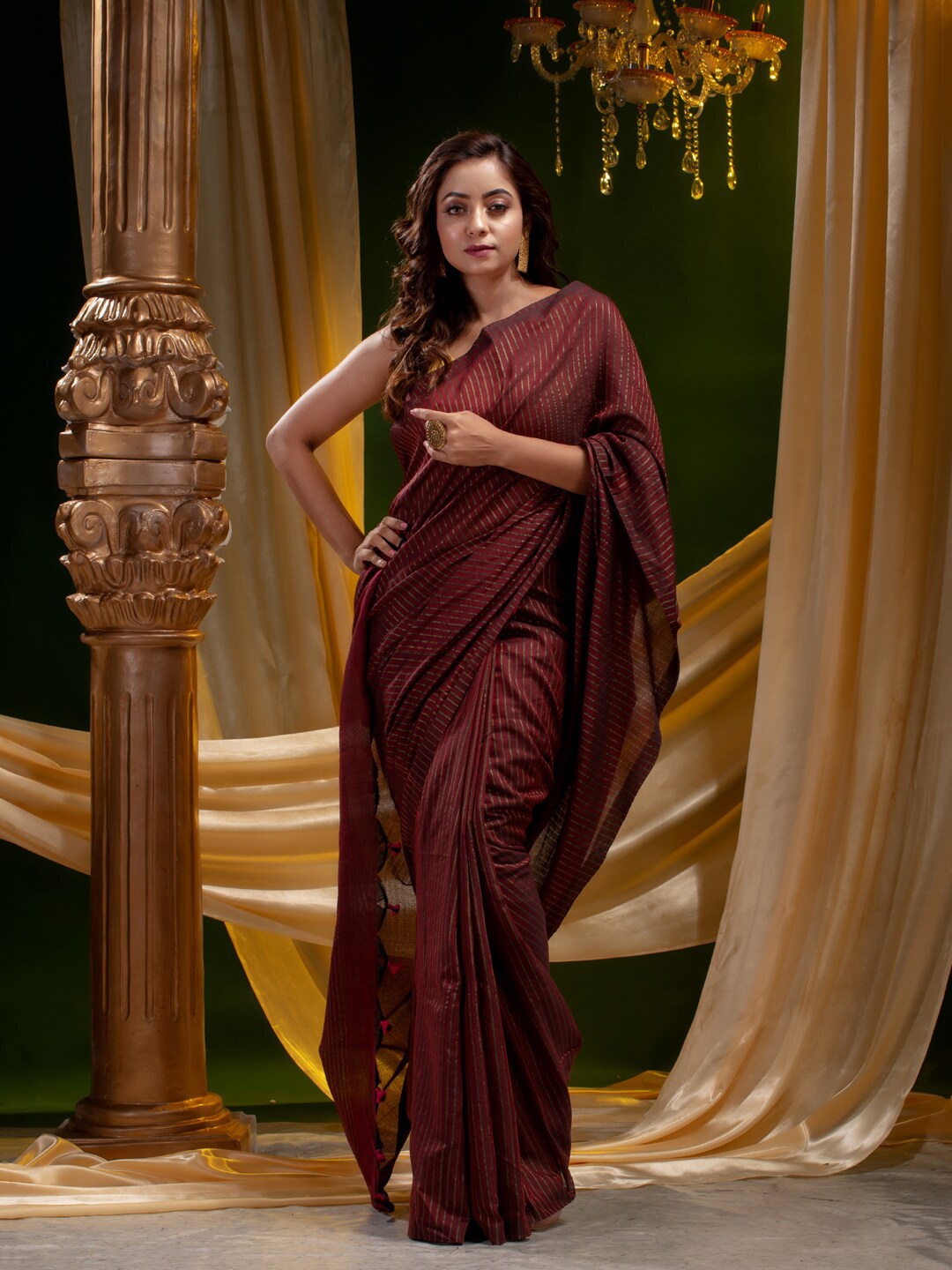 

Mitera Maroon & Gold-Toned Striped Pure Cotton Saree