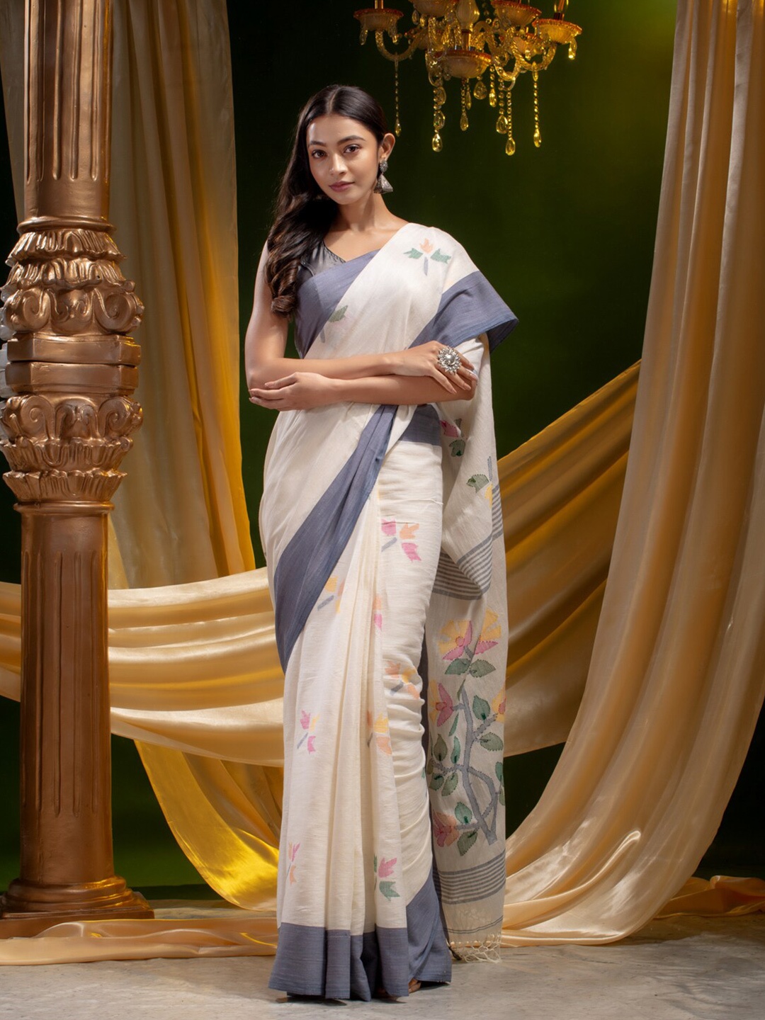 

Mitera White & Blue Floral Pure Linen Saree