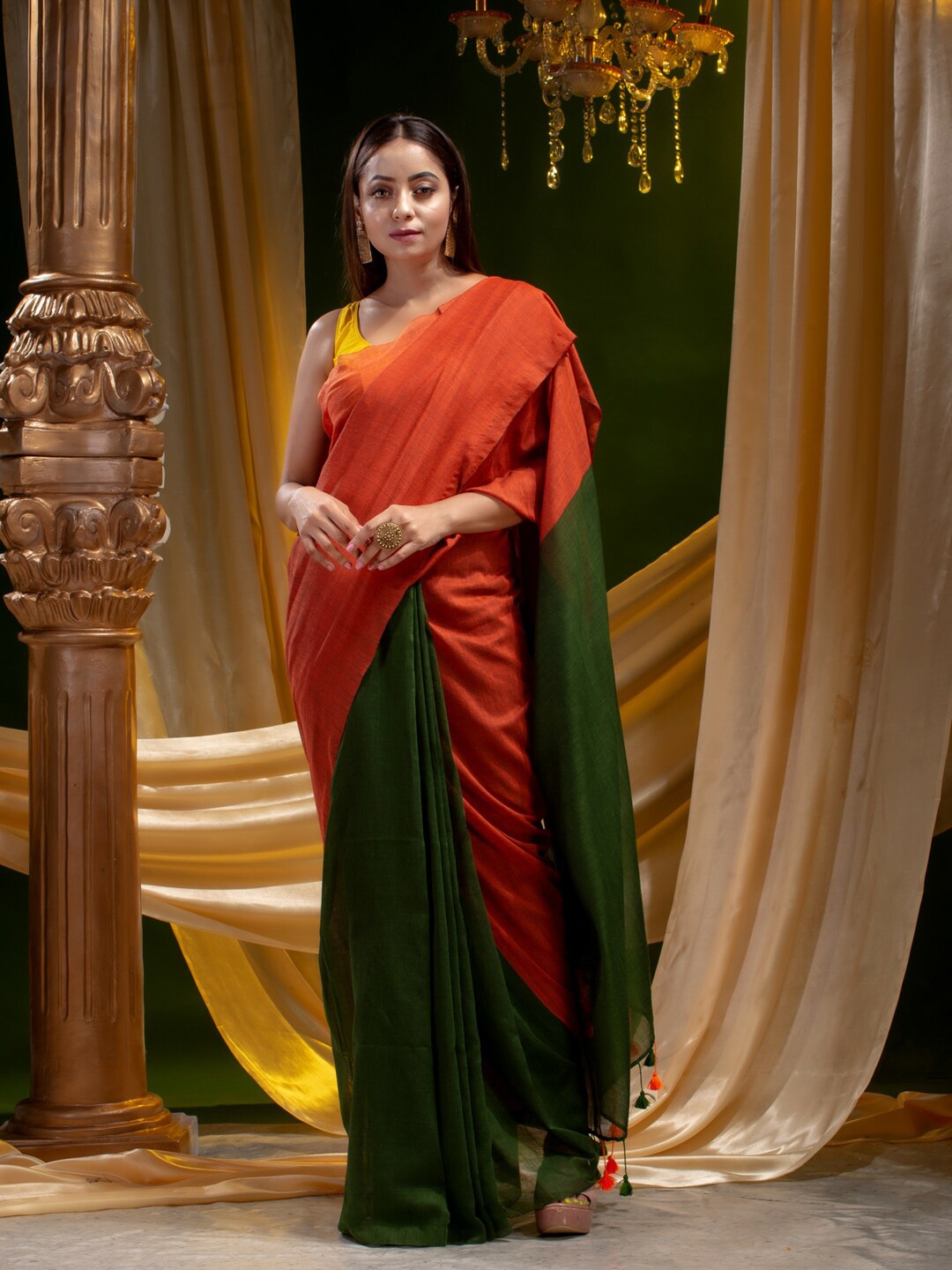 

Mitera Orange & Green Colourblocked Pure Cotton Half and Half Saree