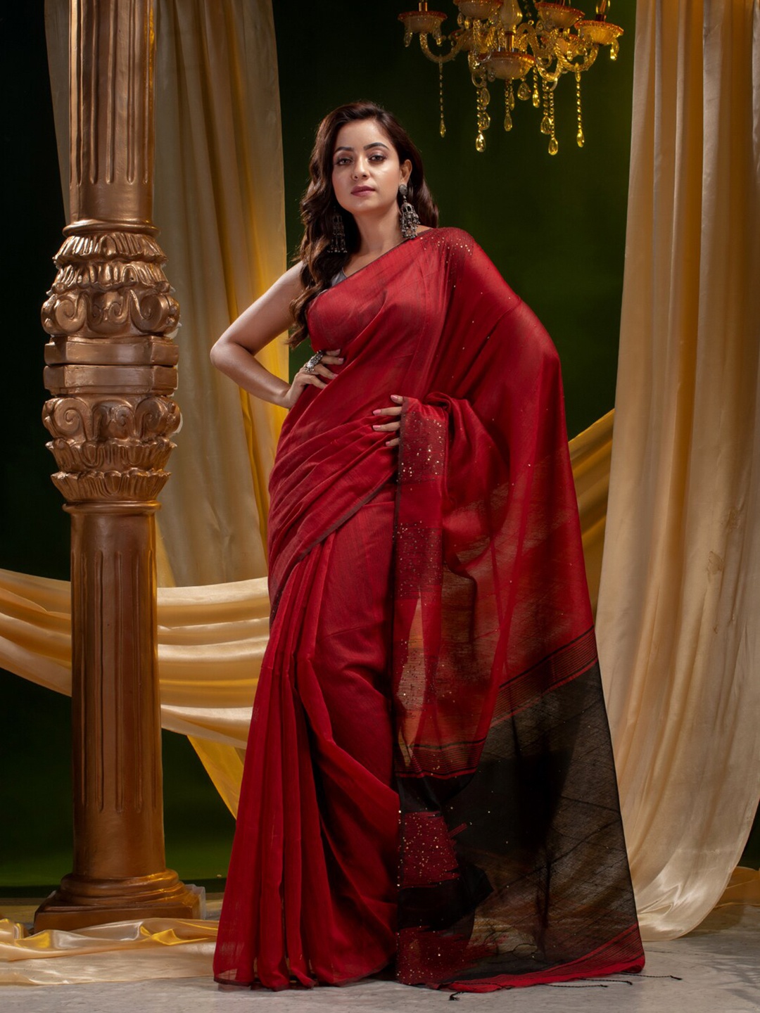 

Mitera Red & Black Sequinned Silk Cotton Saree