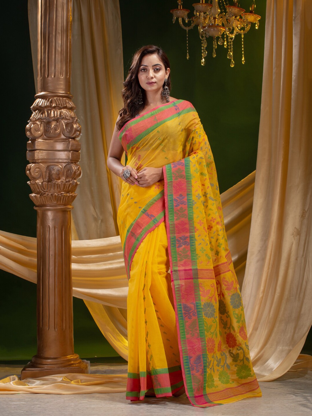 

Mitera Women Yellow & Green Floral Pure Cotton Saree