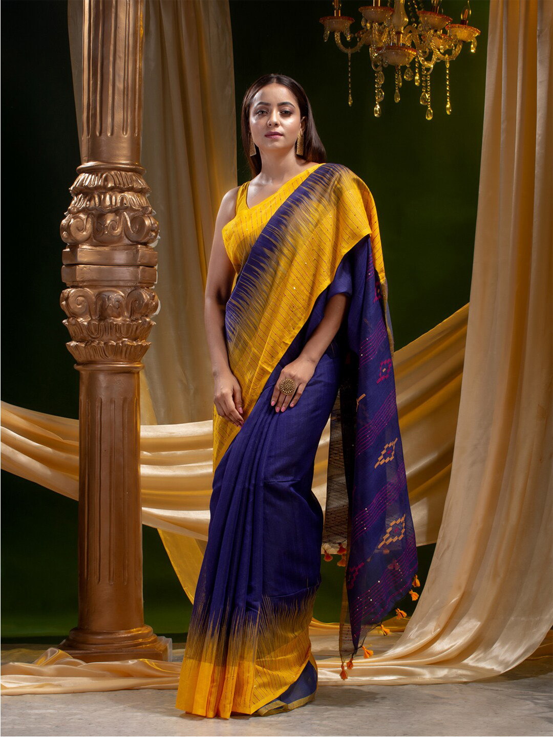 

Mitera Blue & Yellow Embellished Sequinned Silk Cotton Saree