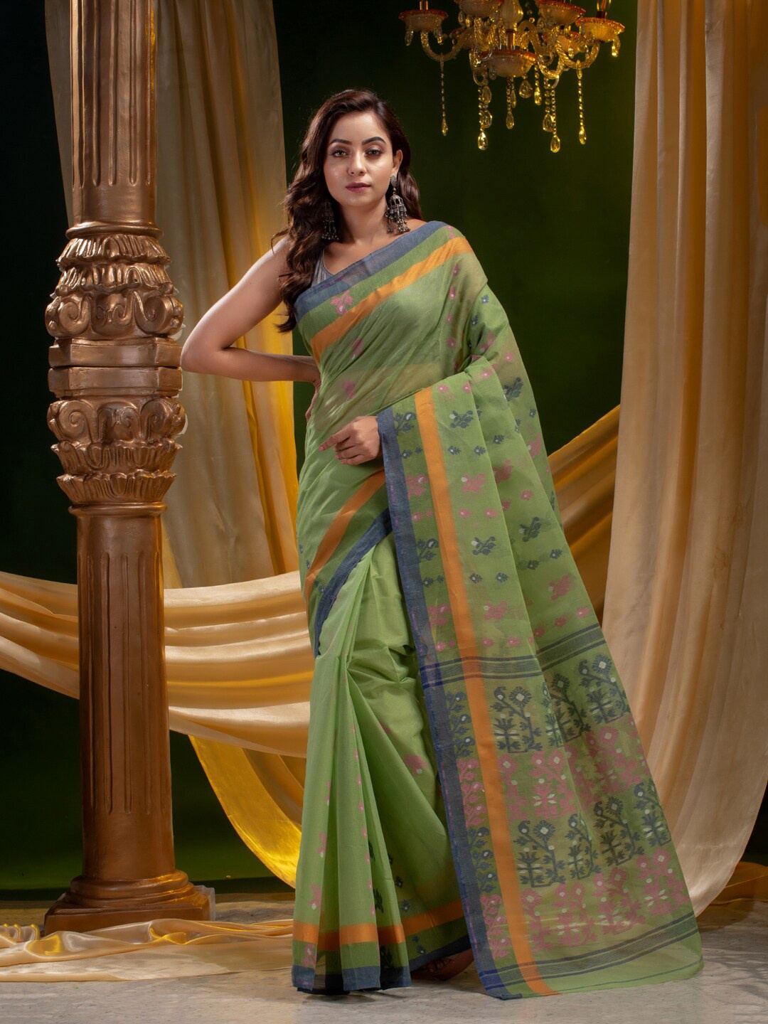 

Mitera Green & Yellow Ethnic Motifs Pure Cotton Heavy Work Saree