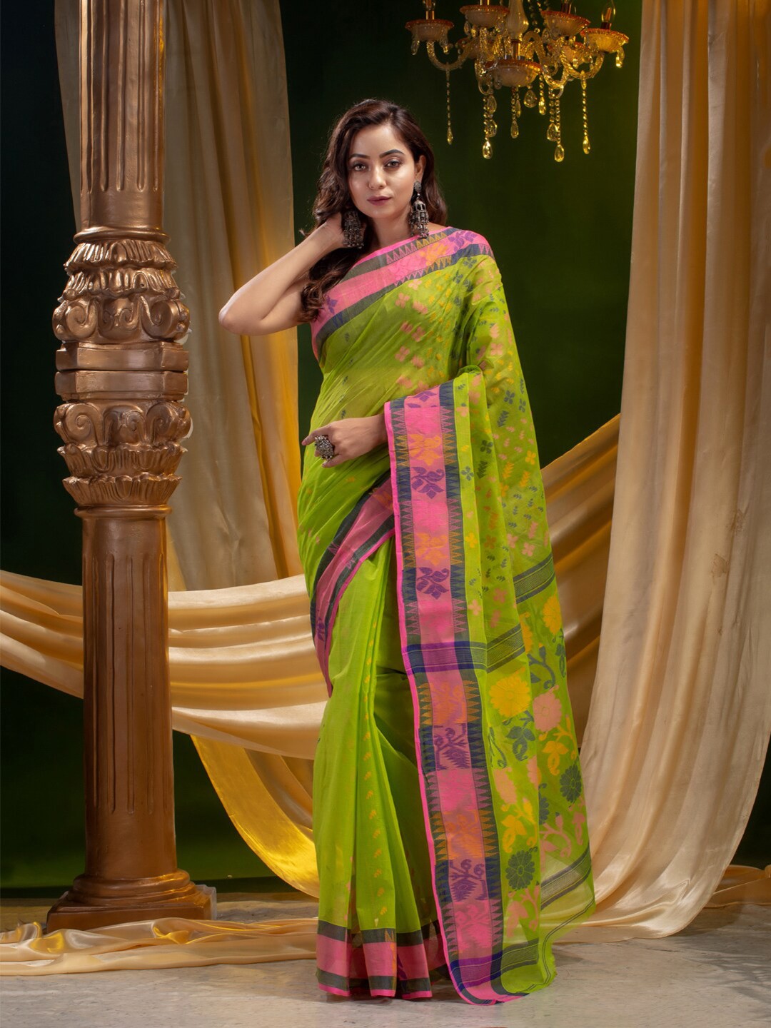 

Mitera Green & Pink Floral Woven Design Pure Cotton Saree