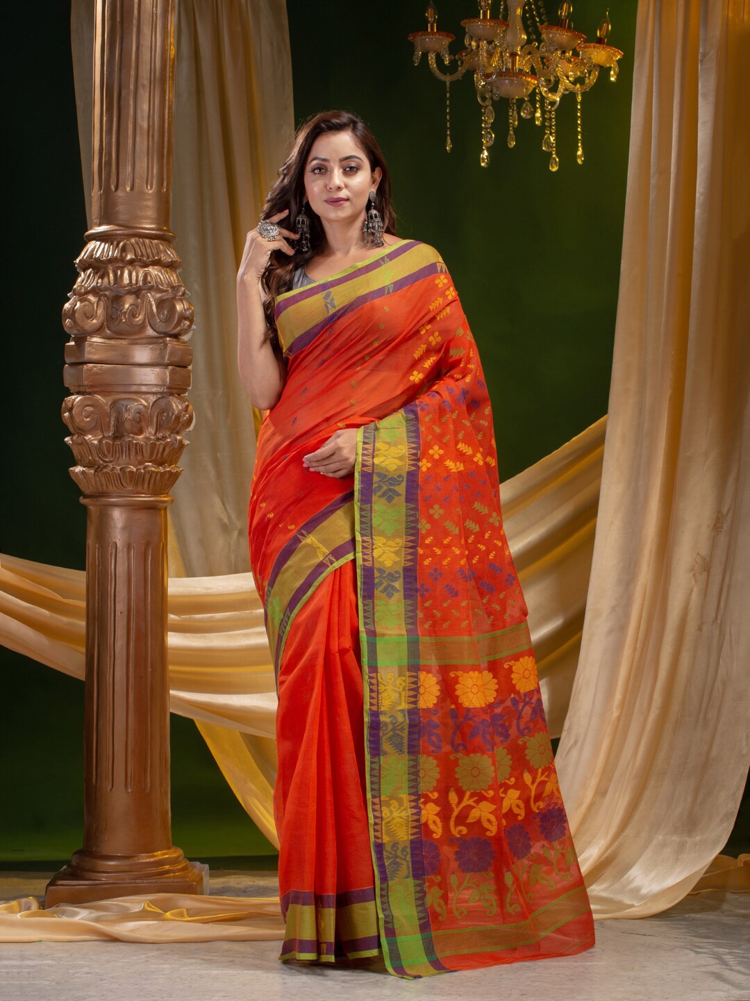 

Mitera Orange & Purple Woven Design Pure Cotton Saree