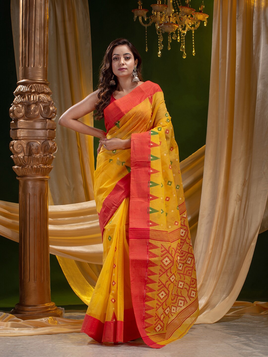 

Mitera Yellow & Red Floral Pure Cotton Heavy Work Saree