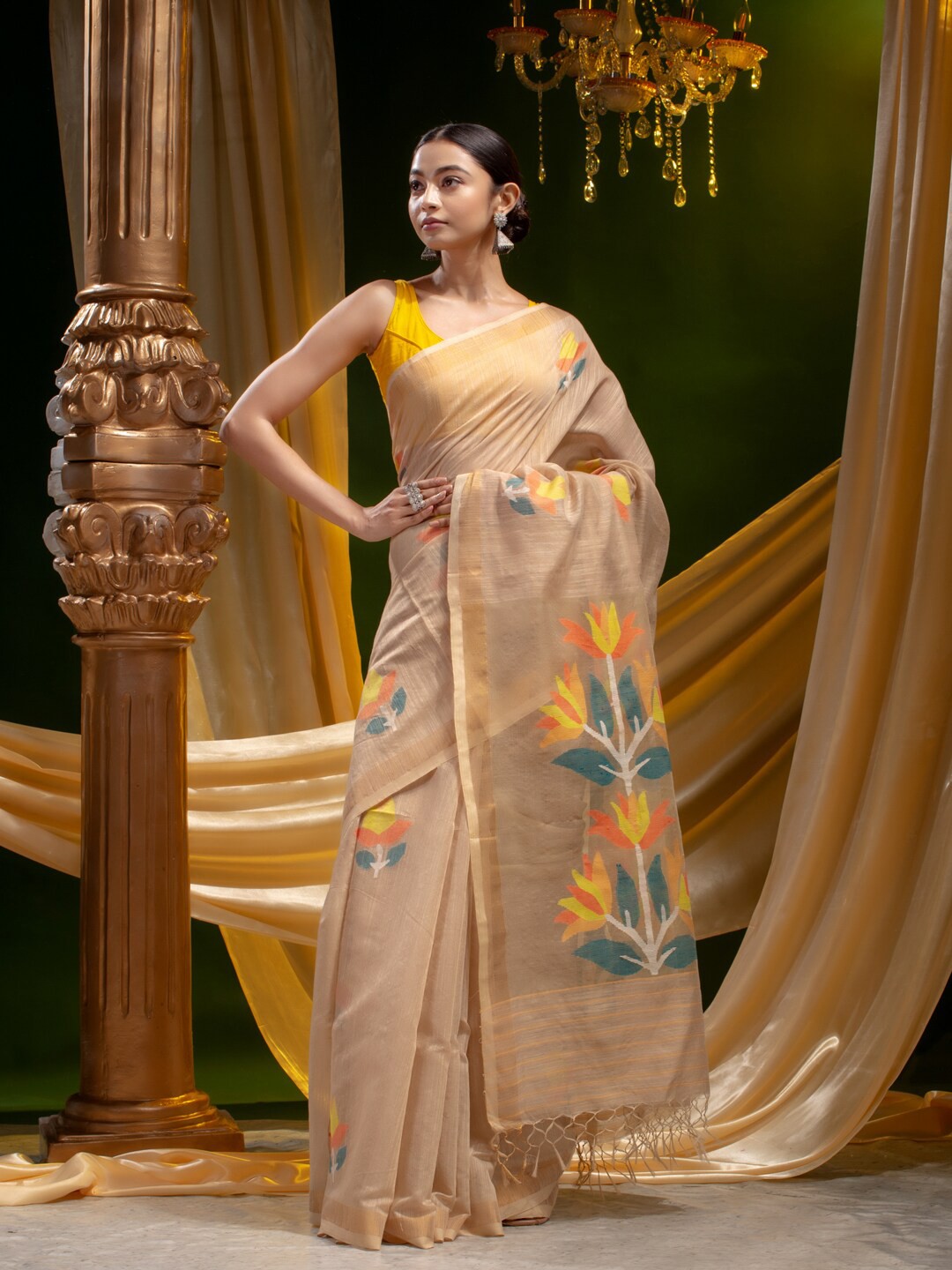 

Mitera Beige & Yellow Woven Design Silk Cotton Heavy Work Saree