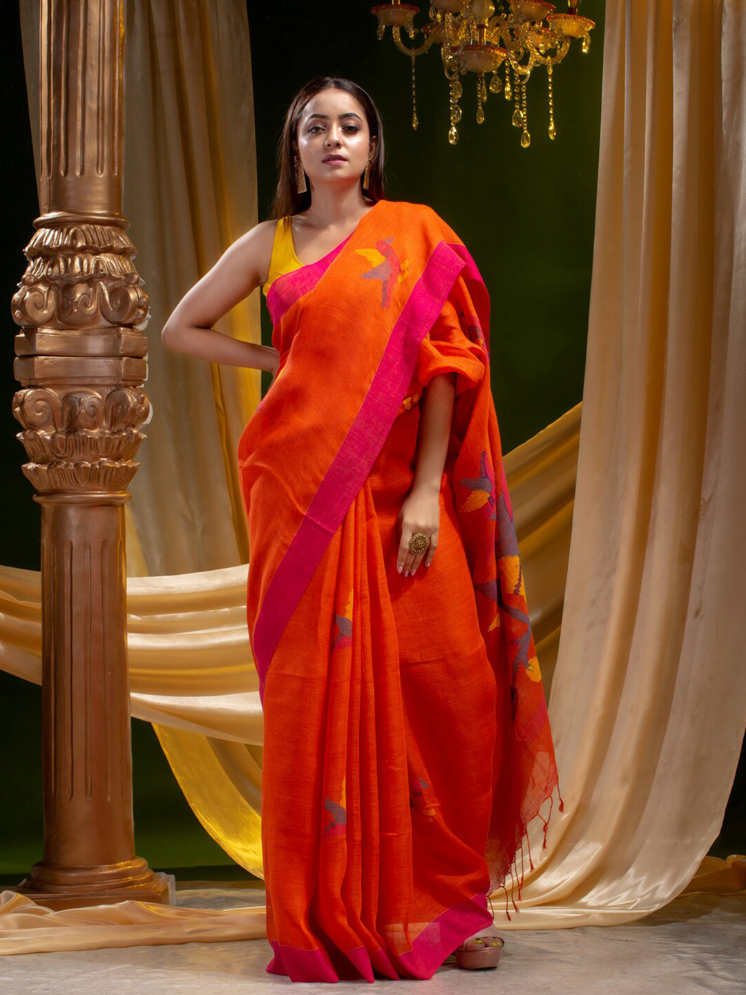 

Mitera Orange & Pink Abstract Pure Linen Heavy Work Saree