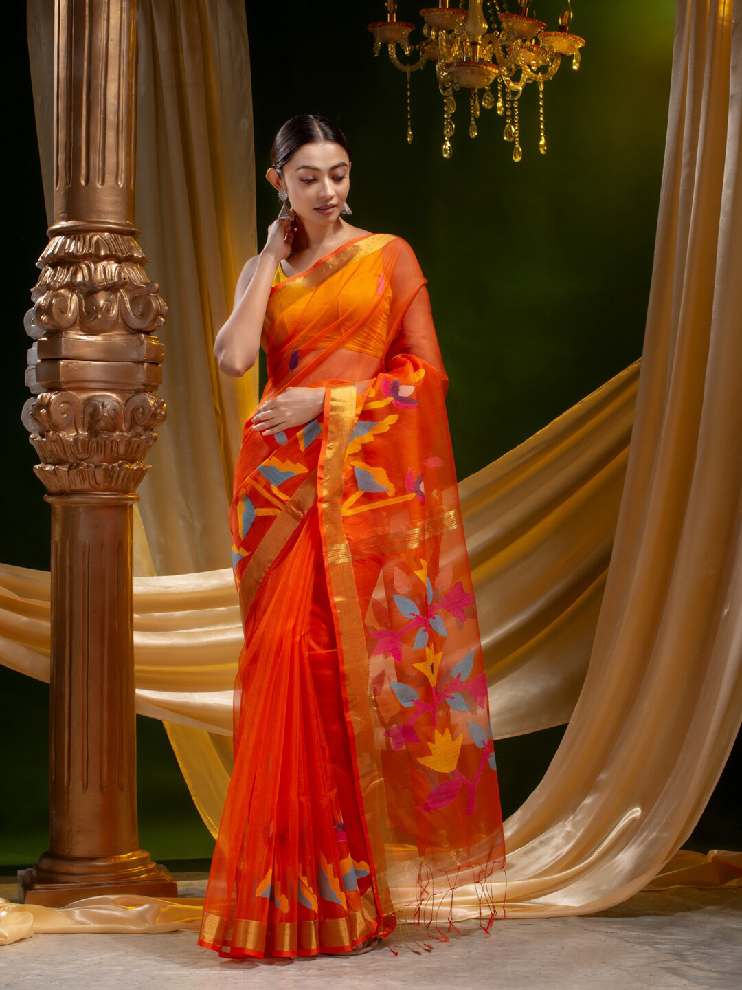 

Mitera Orange & Grey Floral Zari Pure Silk Saree
