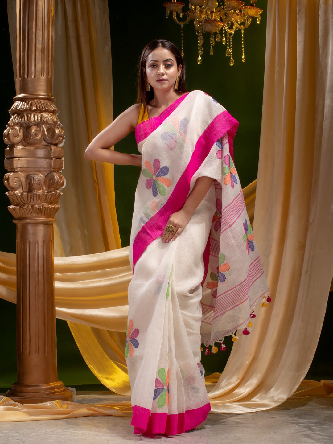 

Mitera White & Green Floral Pure Linen Saree