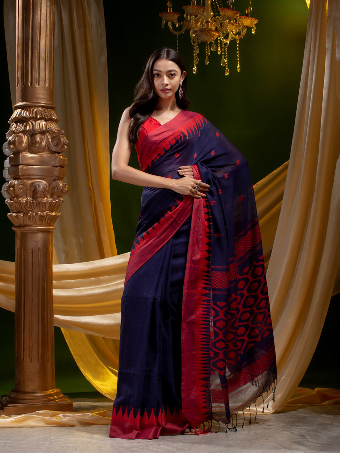 

Mitera Blue & Pink Woven Design Pure Cotton Heavy Work Saree