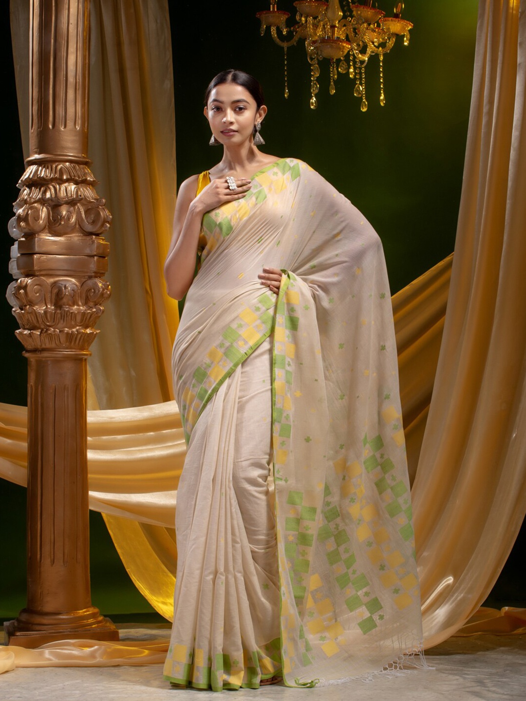 

Mitera Off White & Yellow Woven Design Pure Cotton Heavy Work Saree