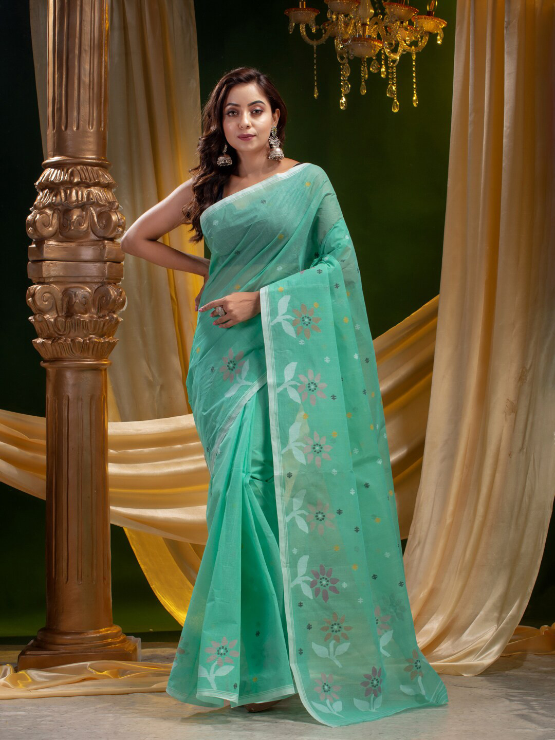 

Mitera Sea Green & Pink Woven Design Pure Cotton Heavy Work Saree