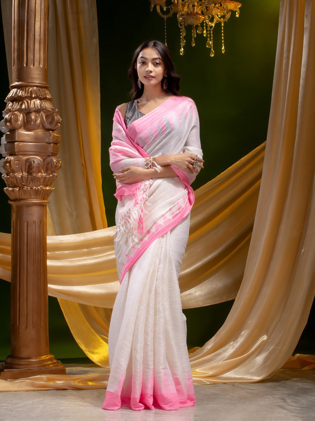 

Mitera White & Pink Woven Design Pure Linen Heavy Work Saree