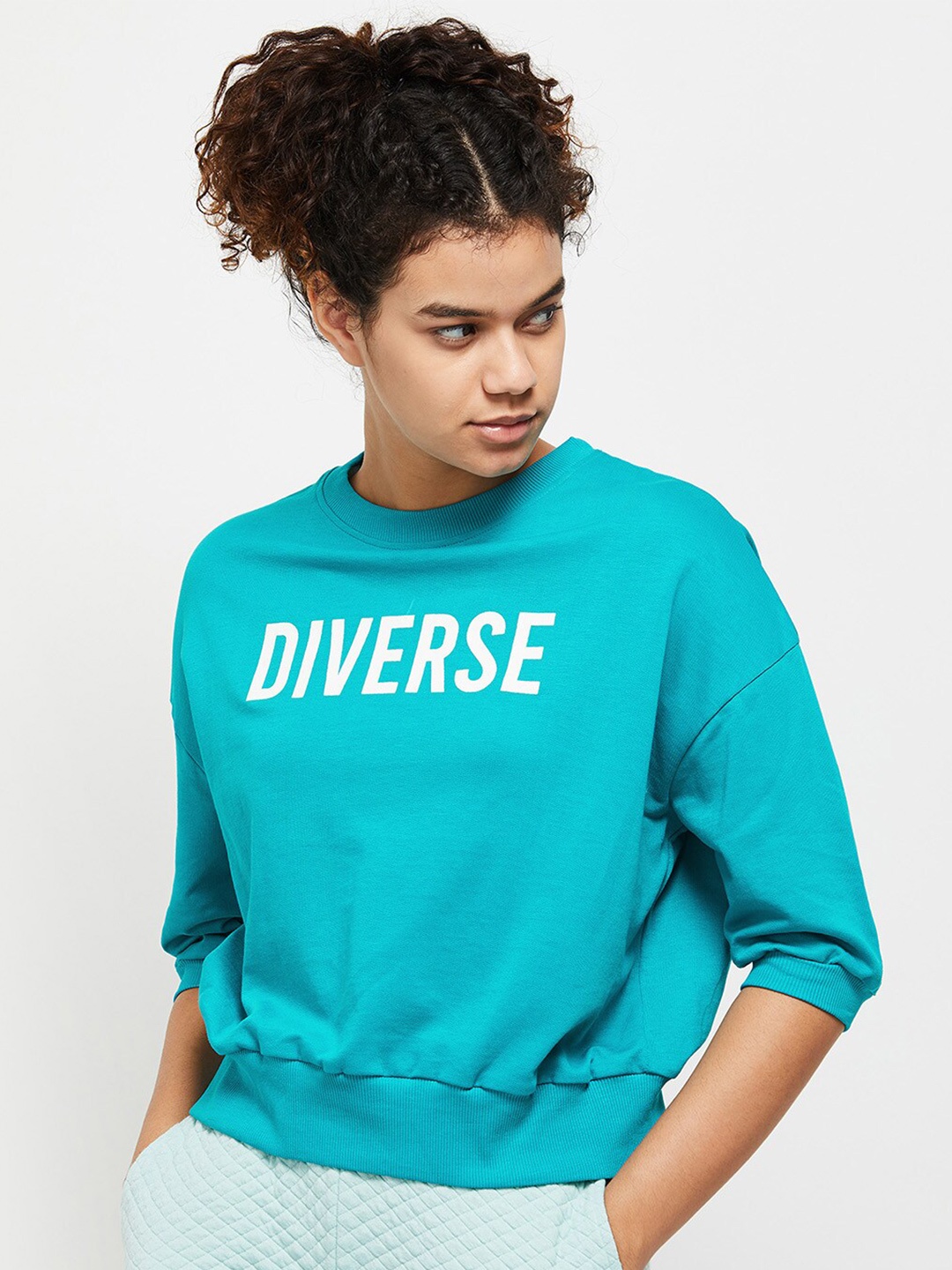 max Women Blue & White Typography Printed Drop-Shoulder Sleeves Pure Cotton T-shirt