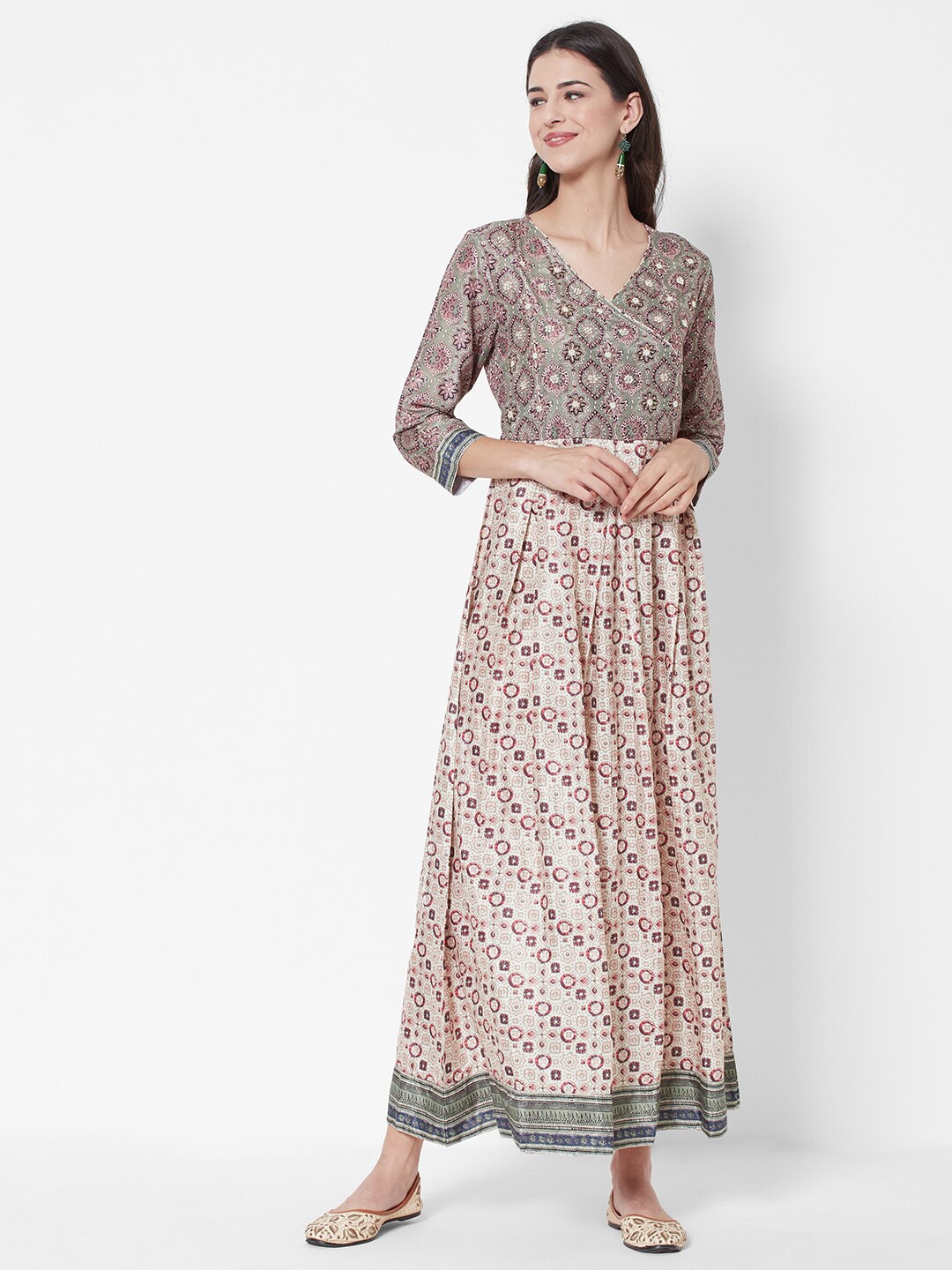 

HEEPOSH Women Beige & Olive Green Ethnic Motifs Maxi Maxi Dress