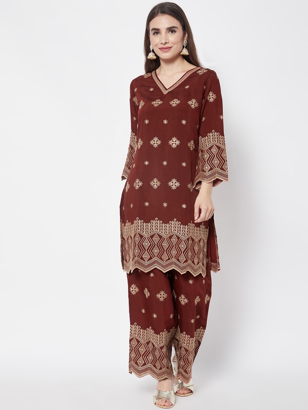 

HEEPOSH Women Maroon Embroidered Thread Work Kurta with Palazzo & With Dupatta