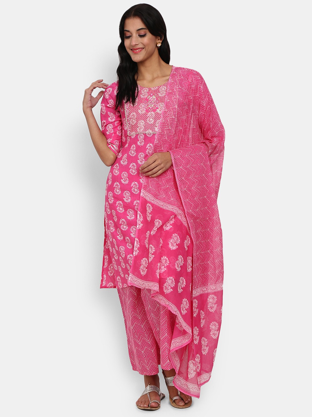 

V-Mart Women Pink Floral Printed Mirror Work Kurta with Palazzos & Dupatta