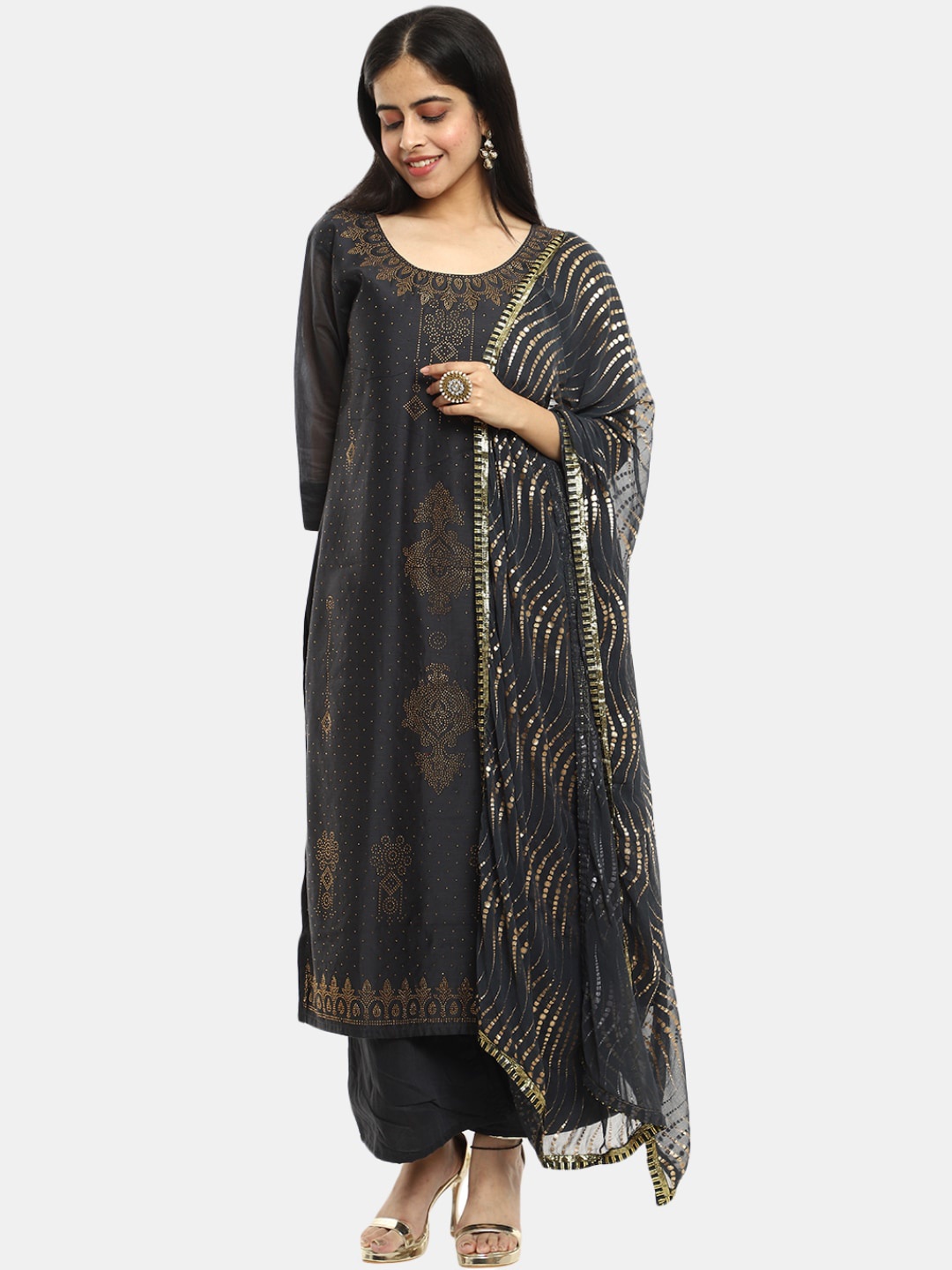

V-Mart Women Grey Printed Beads and Stones Kurta with Salwar