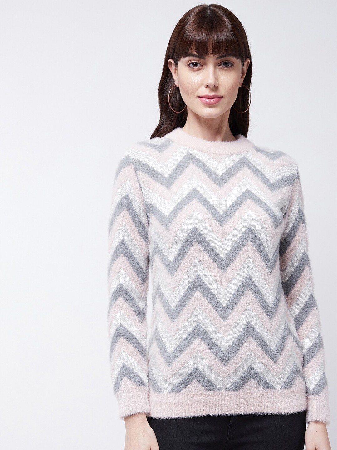 

Modeve Women Pink & Grey Chevron Pullover Sweater