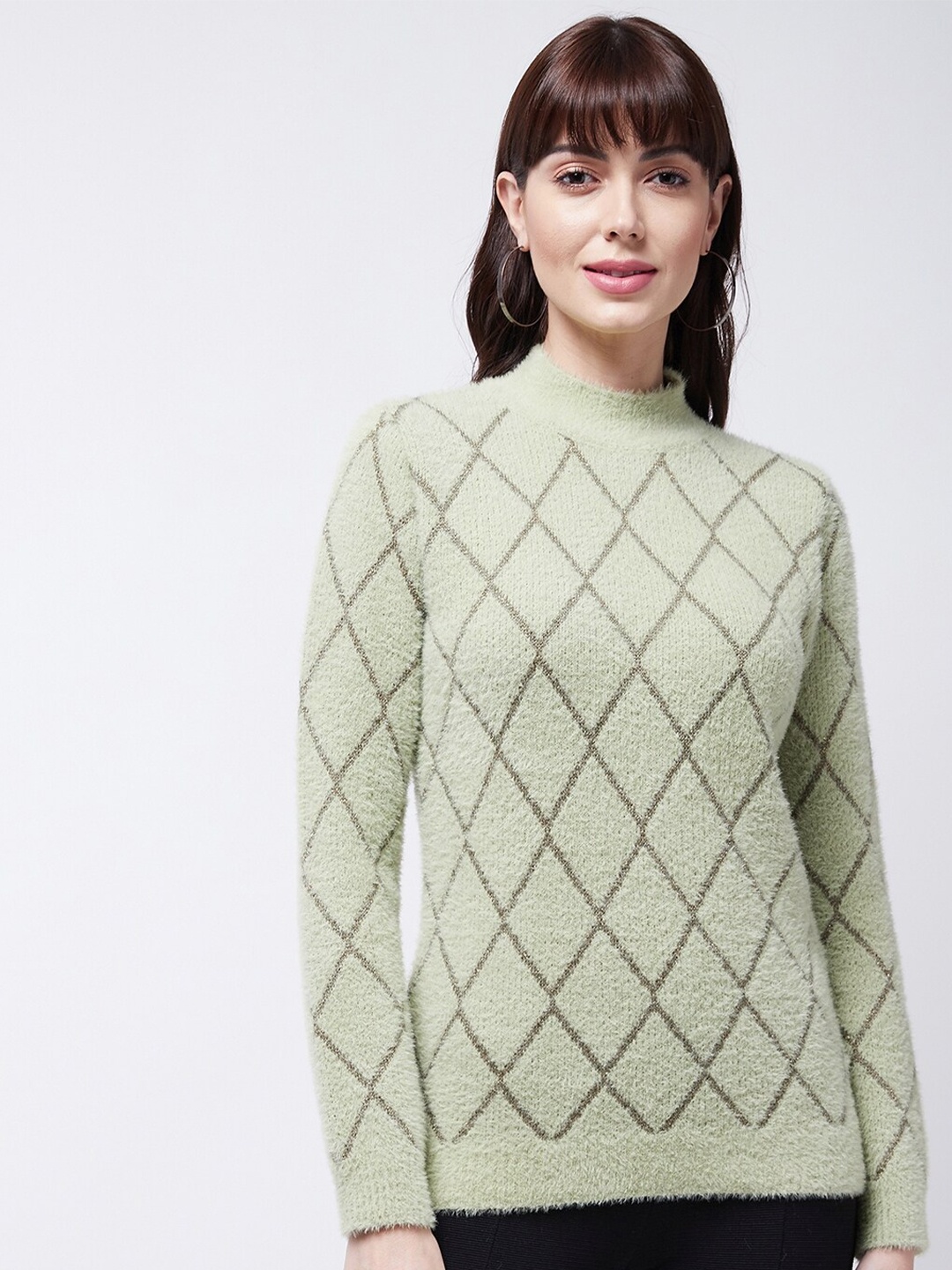 

Modeve Women Green & Grey Checked Checked Pullover