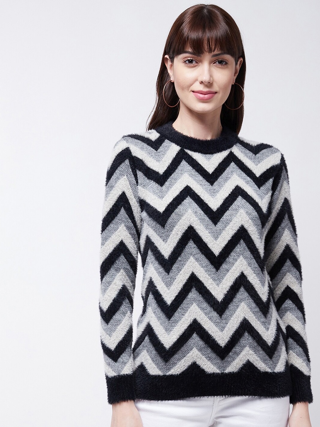 

Modeve Women Black & Grey Printed Pullover with Fuzzy Detail