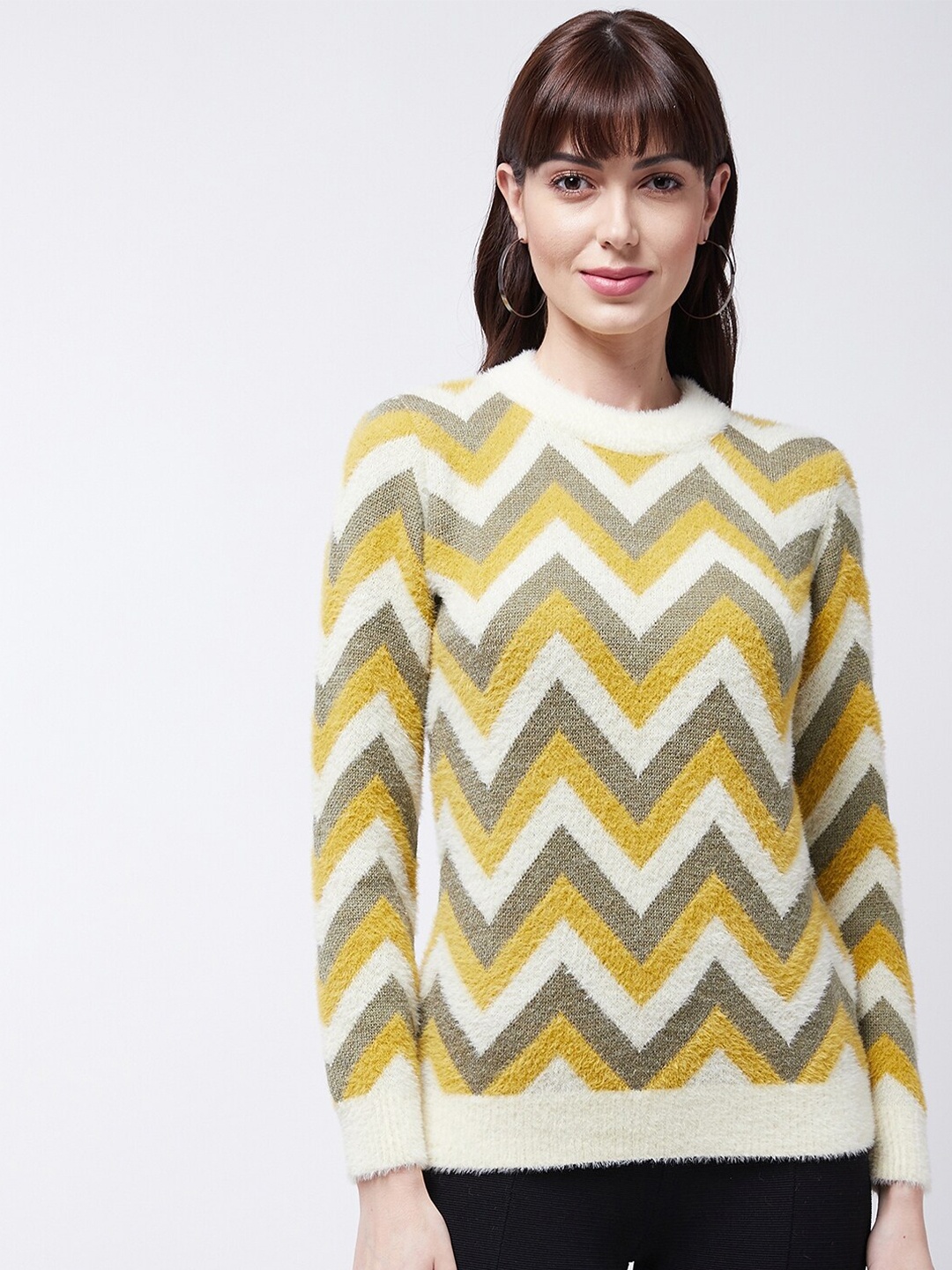 

Modeve Women Mustard Yellow & Off White Chevron Printed Pullover