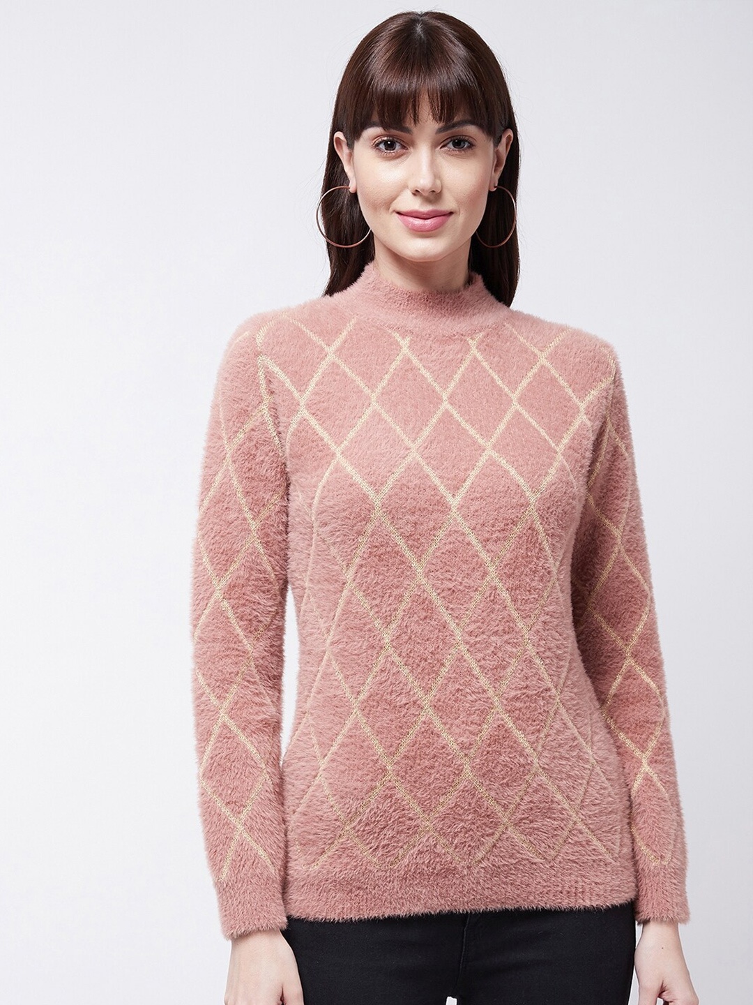 

Modeve Women Rose & Cream-Coloured Checked Checked Pullover