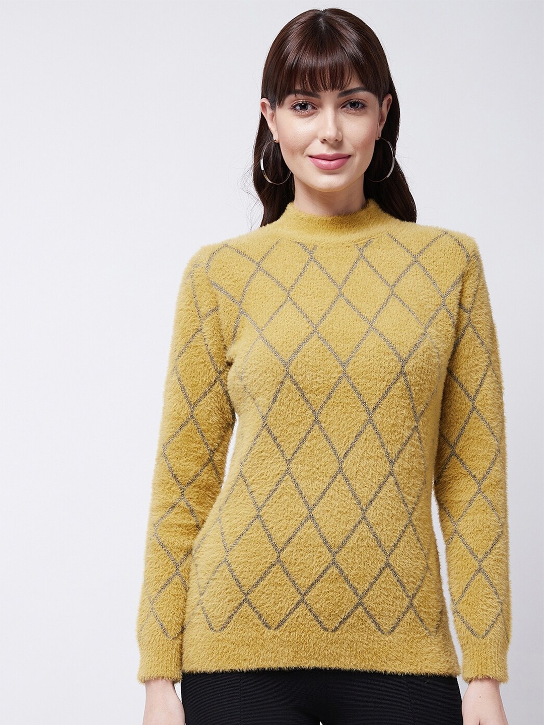 

Modeve Women Mustard Checked Checked Pullover