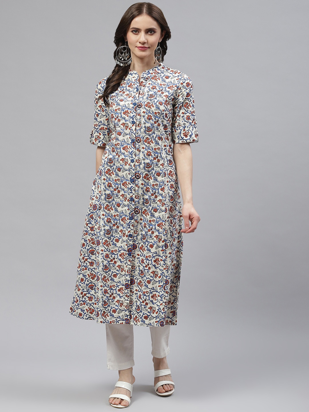 

kipek Women White A-Line Floral Printed Kurta