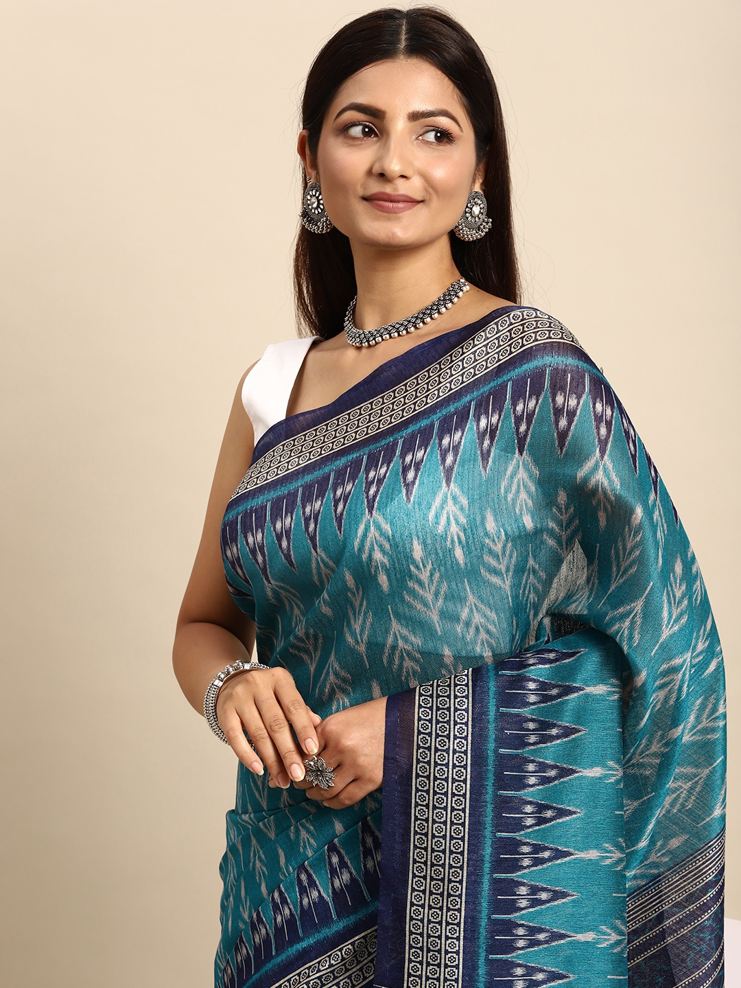 

Rani Saahiba Turquoise Blue Ethnic Motifs Linen Blend Sambalpuri Saree